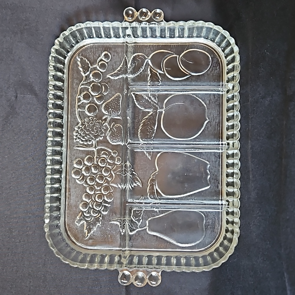 Indiana Glass Vintage Heavy Clear Relish Tray with Fruit Motif & Handles T19